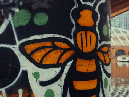 Graffiti on a pillar shows an orange insect; modern city buildings and boats are visible in the background through water reflection.