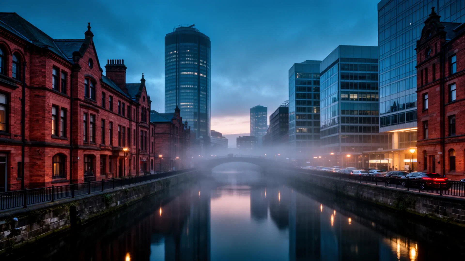 Manchester skyline at blue hour with canal reflections